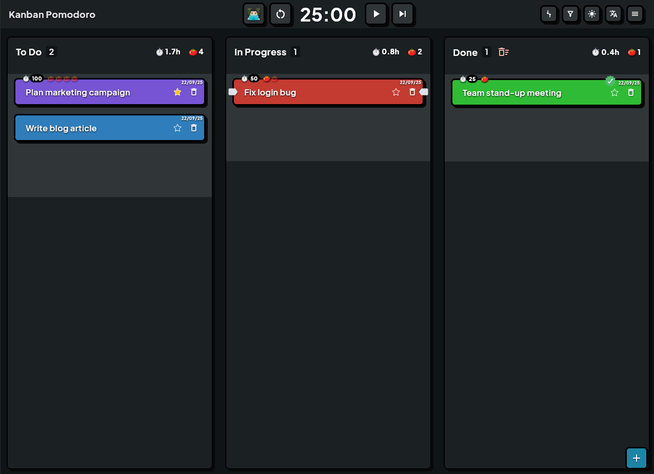 Kanban Pomodoro app — board with To Do, In Progress and Done columns with integrated Pomodoro timer